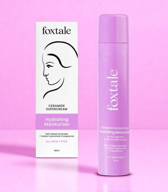 Foxtale 5x Hydrating Ceramide Moisturizer in a sleek orange and white 50ml tube, labeled with key ingredients like micro hyaluronic acid and 3 ceramides, designed to repair skin barrier and hydrate all skin types.