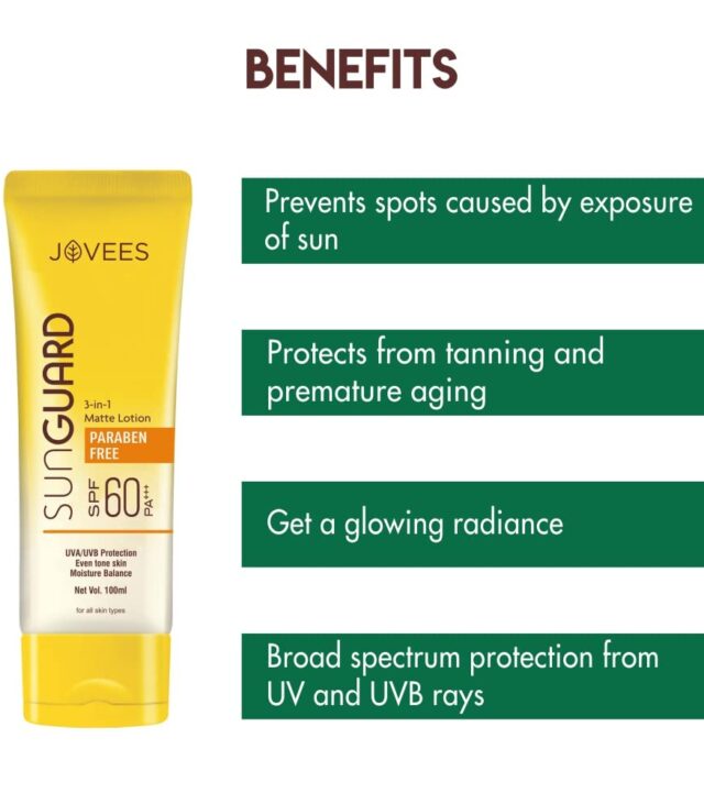 Jovees Herbal Sun Guard Lotion SPF 60 PA+++ Broad Spectrum| 3 in 1 Matte Lotion | UVA/UVB Protection, Moisture Balance, Even Tone Skin | Paraben and Alcohol Free | For Women/Men | 100ML (Cream) - Image 4