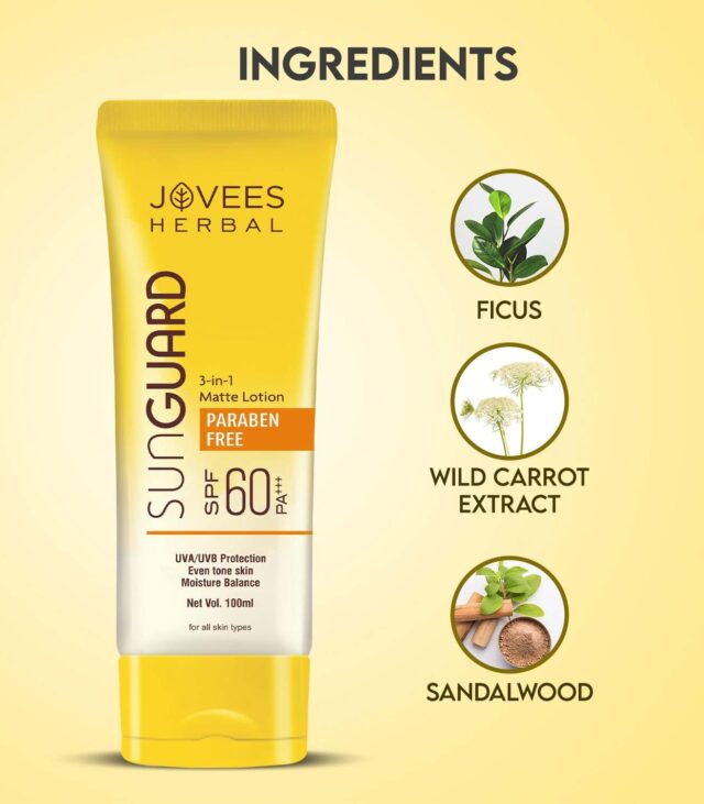 Jovees Herbal Sun Guard Lotion SPF 60 PA+++ Broad Spectrum| 3 in 1 Matte Lotion | UVA/UVB Protection, Moisture Balance, Even Tone Skin | Paraben and Alcohol Free | For Women/Men | 100ML (Cream) - Image 5