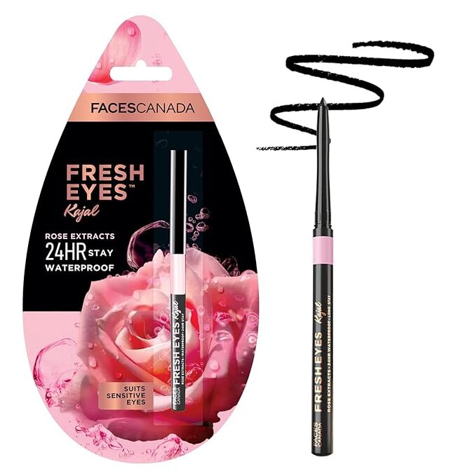 FACESCANADA Fresh Eyes Kajal 0.35g | With Rose Extracts | 24HR Waterproof | Suits Sensitive Eyes | Intense Black Matte Finish | Soothes & Cools | Refreshes Tired Eyes | Gentle | Smudgeproof | Vegan