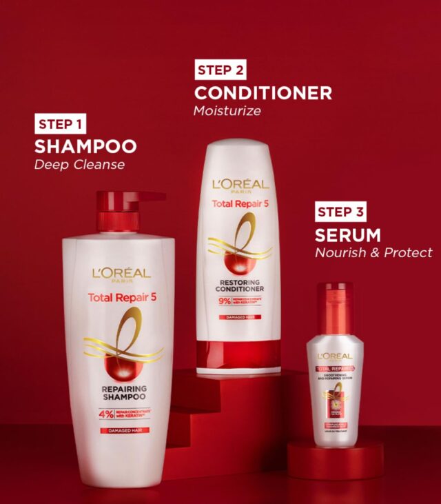 L'Oreal Paris Repairing Shampoo + Restoring Conditioner + Smoothening and Repairing Serum