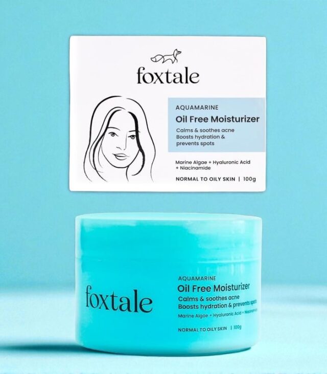 Foxtale Oil-Free Gel Moisturizer in a vibrant orange 100g tube, formulated with hyaluronic acid, niacinamide, betaine, and marine algae, designed to hydrate, brighten, and soothe oily, acne-prone skin.