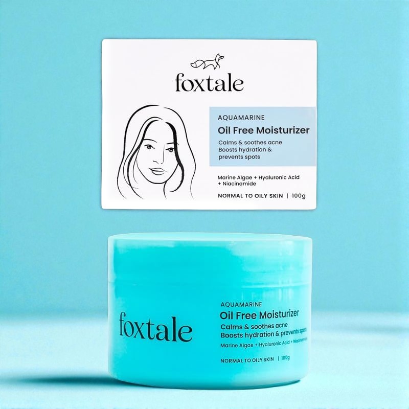 Foxtale Oil-Free Gel Moisturizer in a vibrant orange 100g tube, formulated with hyaluronic acid, niacinamide, betaine, and marine algae, designed to hydrate, brighten, and soothe oily, acne-prone skin.