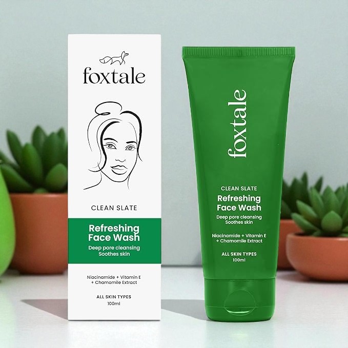 Foxtale Refreshing Face Wash in a 100ml orange and white tube, designed to gently cleanse and revitalize the skin, leaving it fresh and balanced.